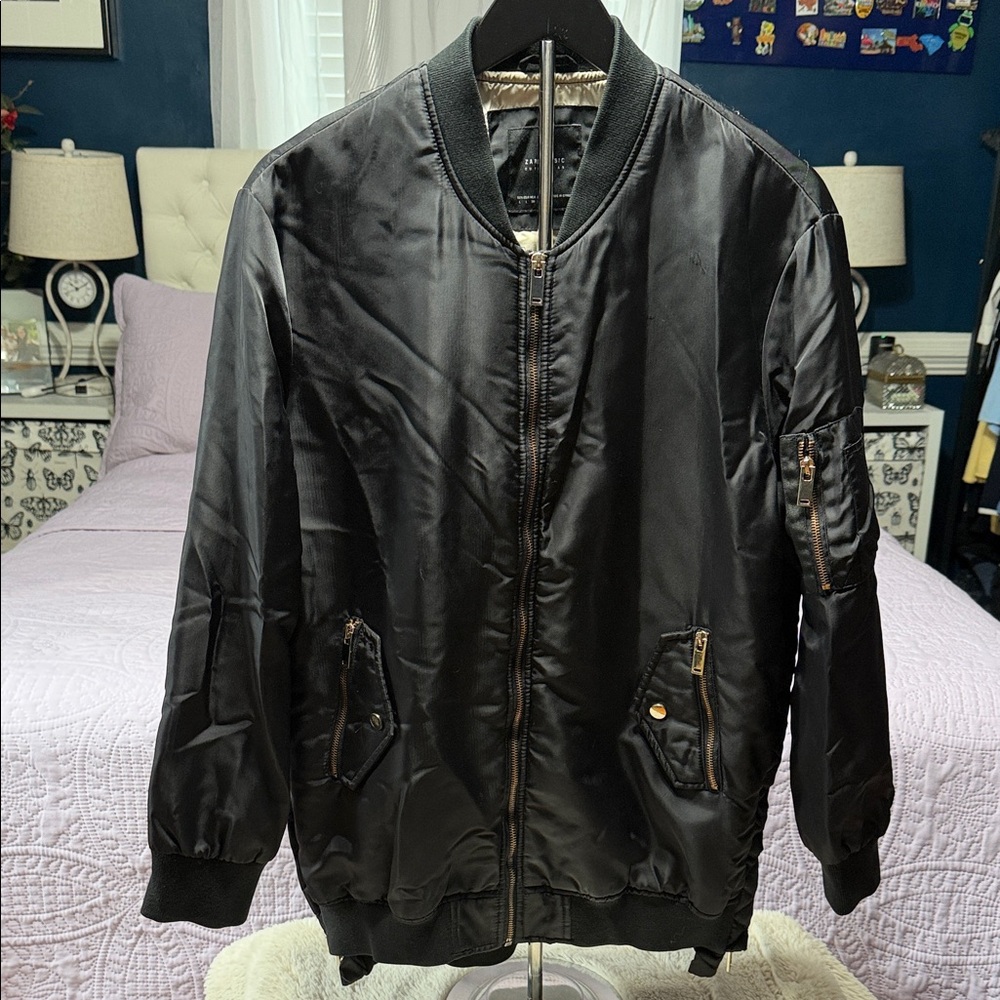 Zara Black Bomber Jacket with Gold-Zip Accents